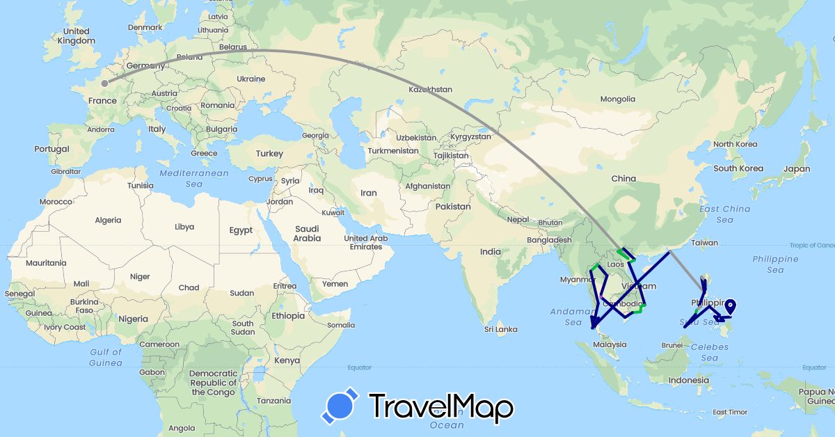 TravelMap itinerary: driving, bus, plane, train, boat in China, France, Philippines, Thailand, Vietnam (Asia, Europe)